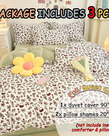 MorroMorn Queen Duvet Cover, Red Cherries Floral Bedding Sets, Plush Fluffy Comforter Covers Set, Down Alternative Blanket Ultra Soft Kawaii Cute for Girls Kids Teen Women Full Double Size - LeafyLoom