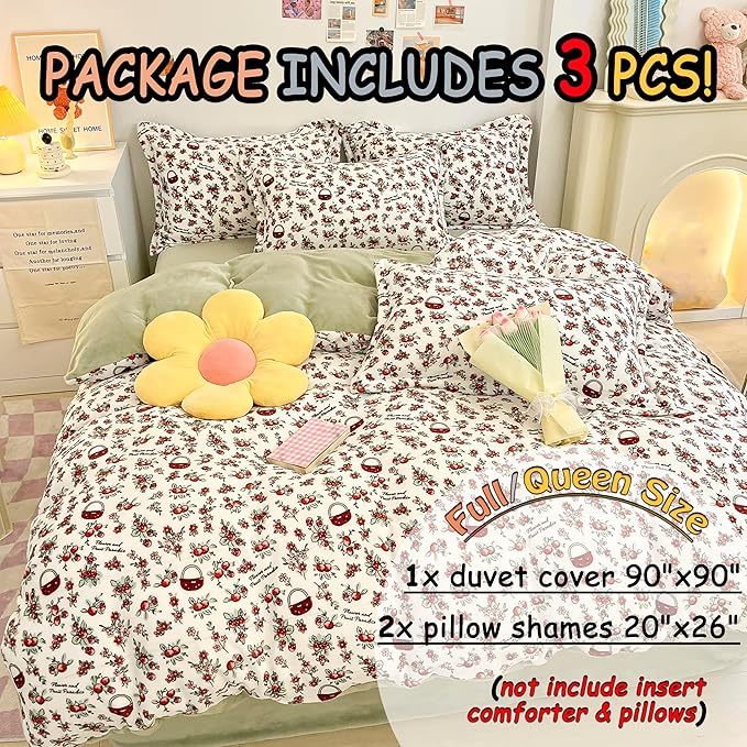 MorroMorn Queen Duvet Cover, Red Cherries Floral Bedding Sets, Plush Fluffy Comforter Covers Set, Down Alternative Blanket Ultra Soft Kawaii Cute for Girls Kids Teen Women Full Double Size - LeafyLoom