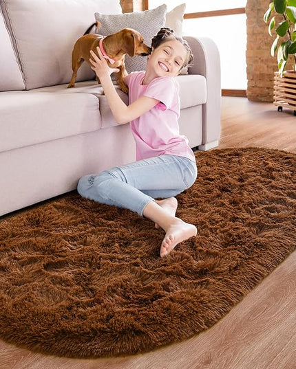 Noahas Ultra Soft Fluffy Bedroom Rugs,2.6' X 5.3' Oval Coffee Fluffy Rugs for Bedroom,Small Throw Rugs, Kids Room Carpet Modern Shaggy Area Rugs Home Decor - LeafyLoom