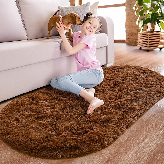 Noahas Ultra Soft Fluffy Bedroom Rugs,2.6' X 5.3' Oval Coffee Fluffy Rugs for Bedroom,Small Throw Rugs, Kids Room Carpet Modern Shaggy Area Rugs Home Decor - LeafyLoom
