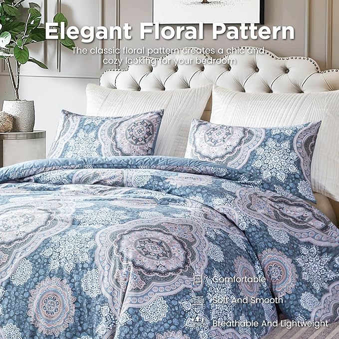 Sophia & William King Size Comforter Set for All Season, 3 Pcs Bedding Set with Foggy Blue Printed Comforter with & 2 Pillowcases - LeafyLoom