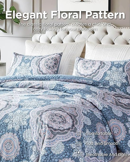 Sophia & William Queen Size Comforter Set for All Season, 3 Pcs Bedding Set with Foggy Blue Printed Comforter with & 2 Pillowcases - LeafyLoom