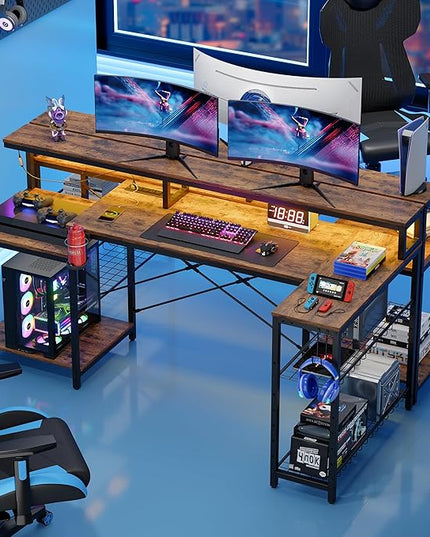 Bestier 71.5 inch Computer Desk with Power Outlets, LED Large Home Office Desk with Monitor Stand, L Shaped Corner Desk with Printer Stand Adjustable Shelf, Cup Holder & Headset Hooks, Brown - LeafyLoom