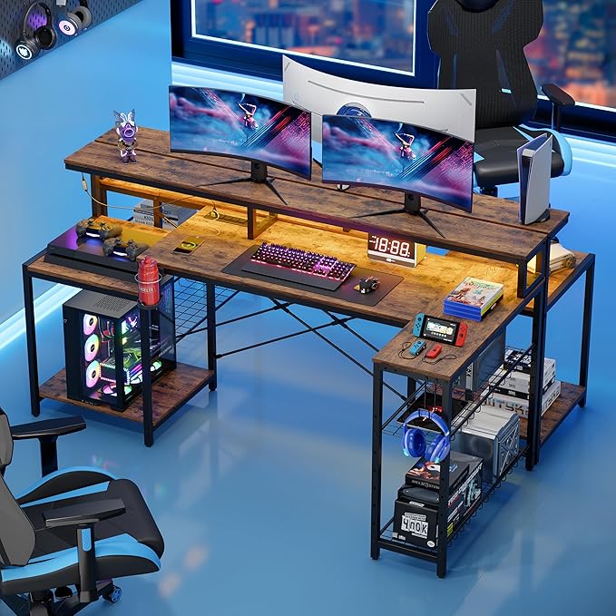 Bestier 71.5 inch Computer Desk with Power Outlets, LED Large Home Office Desk with Monitor Stand, L Shaped Corner Desk with Printer Stand Adjustable Shelf, Cup Holder & Headset Hooks, Brown - LeafyLoom