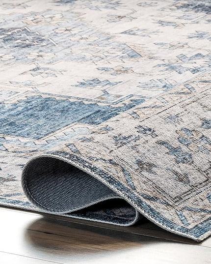 nuLOOM Dania Machine Washable Medallion Ultra Thin Runner Rug, 2' 6" x 8', Navy - LeafyLoom
