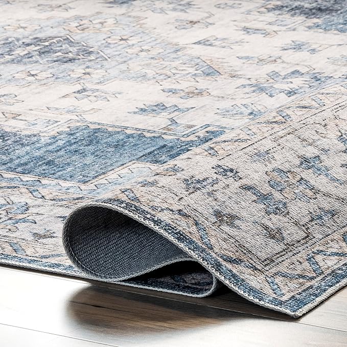 nuLOOM Dania Machine Washable Medallion Ultra Thin Runner Rug, 2' 6" x 8', Navy - LeafyLoom