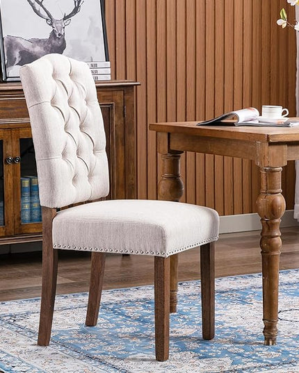Stylish Upholstered Nailhead Trim and Sturdy Solid Wood Legs Parson Dining Chair, Set of 6, Beige - LeafyLoom