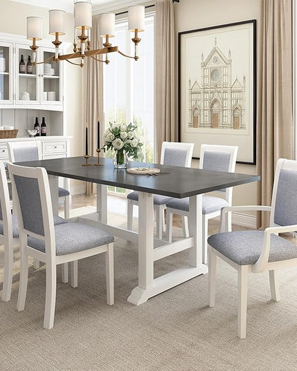 76.9 Inch Dining Table Set for 6, Extendable Dining Table Set with Removable Leaf, Kitchen Table Set with Upholstered Side Chair and Arm Chair for Dining Room, White+Grey - LeafyLoom
