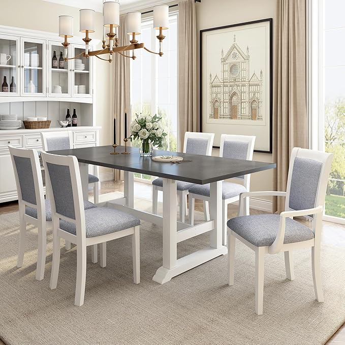 76.9 Inch Dining Table Set for 6, Extendable Dining Table Set with Removable Leaf, Kitchen Table Set with Upholstered Side Chair and Arm Chair for Dining Room, White+Grey - LeafyLoom