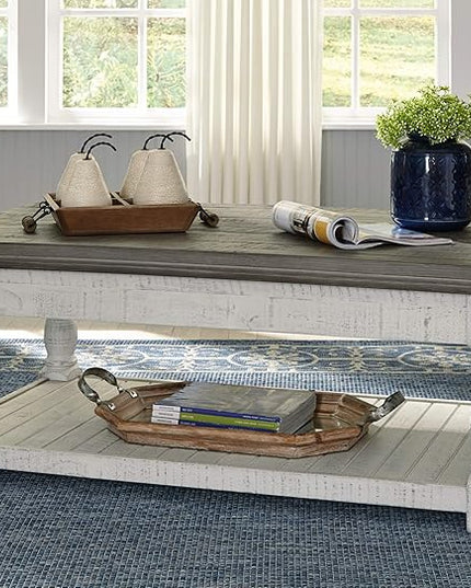 Signature Design by Ashley Havalance Farmhouse Lift Top Coffee Table, Gray & White with Weathered Finish & Havalance Farmhouse Square End Table - LeafyLoom