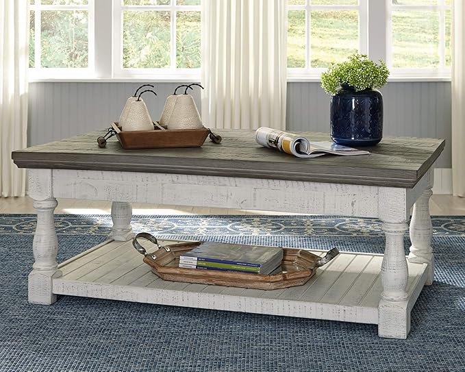 Signature Design by Ashley Havalance Farmhouse Lift Top Coffee Table, Gray & White with Weathered Finish & Havalance Farmhouse Square End Table - LeafyLoom