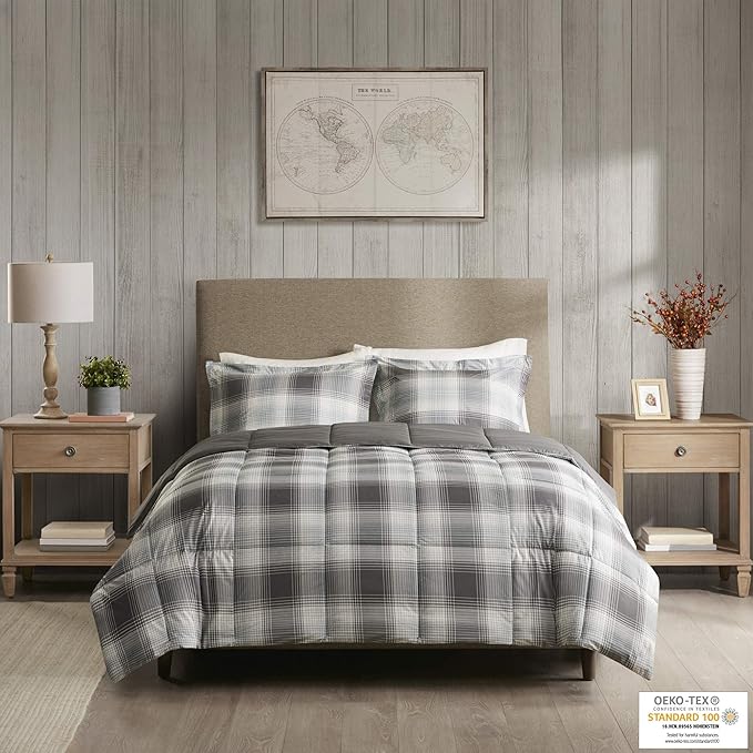 Woolrich Comforter Set, Cabin Lodge, Warm Cover for Colder Season, Modern Cottage-Inspired Down Alternative Ultra Soft Microfiber Bedding, Matching Sham, Plaid Grey King 3 Piece - LeafyLoom