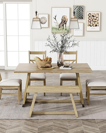 Merax Table Cross Legs, Kitchen Set with 4 Upholstered Dining Chairs and Solid Wood Bench, 6-Piece Farmhouse, Natural - LeafyLoom