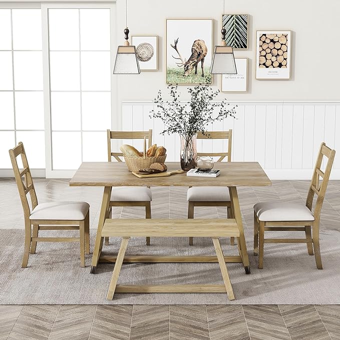 Merax Table Cross Legs, Kitchen Set with 4 Upholstered Dining Chairs and Solid Wood Bench, 6-Piece Farmhouse, Natural - LeafyLoom