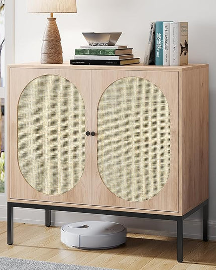 Brafab Sideboard Buffet Cabinet with Storage, Sideboard Cabinet with Natural Rattan Decorated Doors, Rattan Cabinet, Accent Cabinet, for Living Room, Entryway, Bedroom, Dining Room/OVal Doors - LeafyLoom