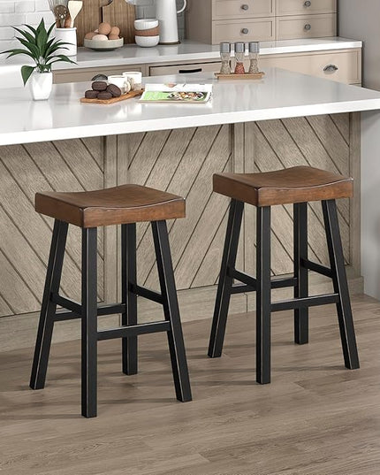 Lexicon Saddle Bar Stools Set of 2 Barstools with Footrest, Armless Dining Chairs for Kitchen Island, Breakfast Nook, Living Room, Pub Height, Black/Brown - LeafyLoom