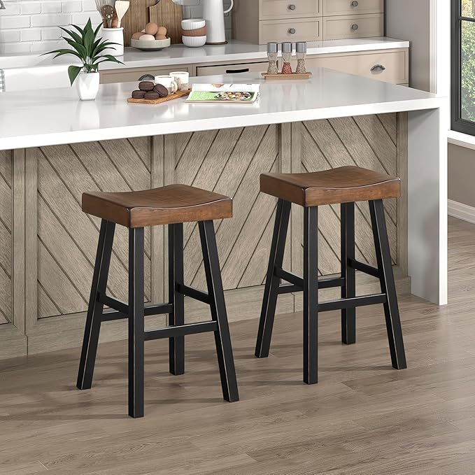 Lexicon Saddle Bar Stools Set of 2 Barstools with Footrest, Armless Dining Chairs for Kitchen Island, Breakfast Nook, Living Room, Pub Height, Black/Brown - LeafyLoom
