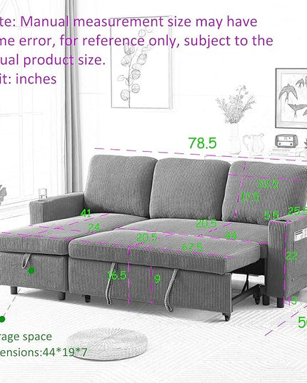 3 Seater Reversible Sleeper Sectional Sofa Bed with Storage Chaise Lounge and Cupholders, Corduroy Upholstered Convertible Sofabed Corner Couch,L Shaped Sofá for Living Room Office, Black 78.5" - LeafyLoom