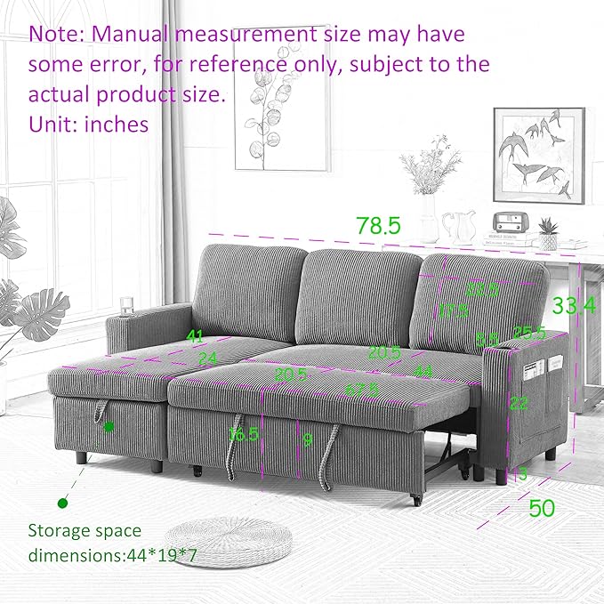 3 Seater Reversible Sleeper Sectional Sofa Bed with Storage Chaise Lounge and Cupholders, Corduroy Upholstered Convertible Sofabed Corner Couch,L Shaped Sofá for Living Room Office, Grey 78.5" - LeafyLoom