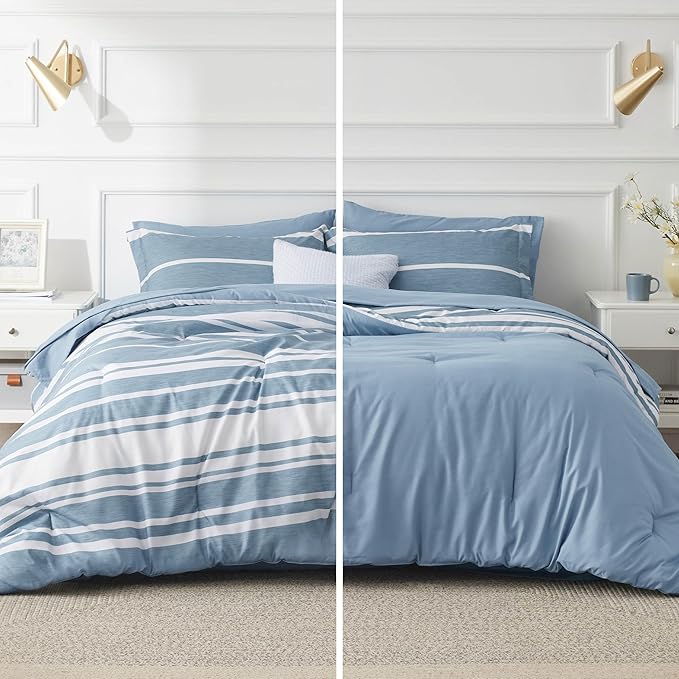 Bedsure Twin XL Comforter Set for College Boys, Blue White Striped Bedding Comforter Sets All Season Bed Set with 1 Pillow Sham, Flat Sheet, Fitted Sheet and 1 Pillowcase - LeafyLoom