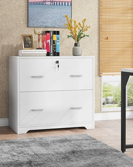 Lateral File Cabinet with 2 Drawers, 31.5 Inches Large Filing Cabinet for Hanging Letter/Legal/F4/A4 Size Files with Lock, Home Office, White - LeafyLoom