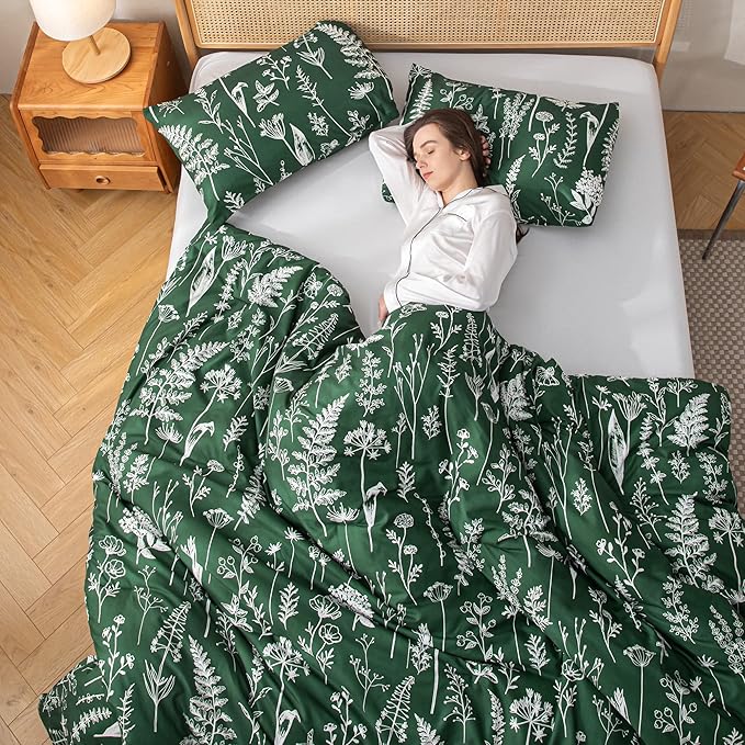 JANZAA Twin Emerald 2 PCS Bedding Sets Floral Comforter Set Plant Flowers Printed on Soft Comforter Set for All Season - LeafyLoom