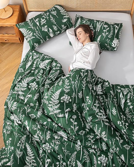 JANZAA King Comforter Set Emerald Comforter Set 3 PCS Bedding Sets Floral Comforter Set Plant Flowers Printed on Fluffy Comforter Set for All Season - LeafyLoom