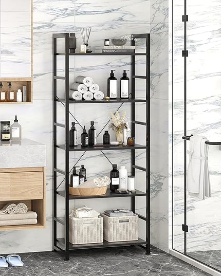 VERMESS Bookshelf Black, 5 Tier Shelving Unit Tall Book Shelf, Wood Bookcase with Open Shelves, Industrial Standing Storage Bookshelves Metal Display Rack for Living Room, Bedroom, Home, Office - LeafyLoom