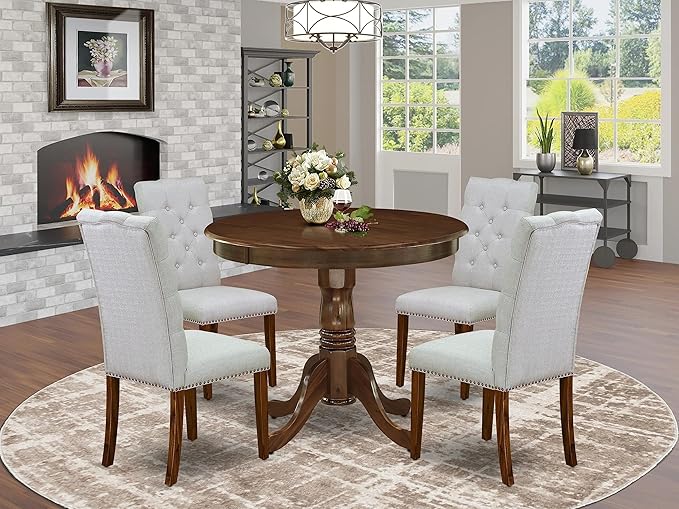 East West Furniture ANEL5-AWA-05 Antique 5 Piece Modern Set Includes a Round Dining Room Table with Pedestal and 4 Parson Chairs, 36x36 Inch - LeafyLoom