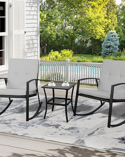 Shintenchi Outdoor 3 Piece Rocking Bistro Set, Wicker Patio Outdoor Furniture Porch Chairs Conversation Sets with Glass-Top Coffee Table for Backyard Porch Poolside Lawn, Garden,Gray - LeafyLoom