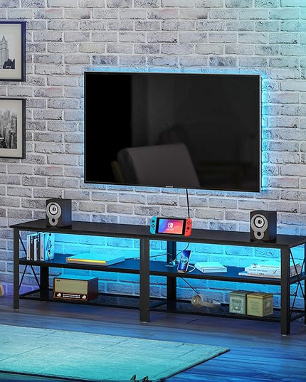 Clikuutory Modern Black 71 inch Metal TV Stand with LED Lights and Power Outlets for 50 60 65 70 75 80 Inch TVs, 3 Tier Television Stands with Entertainment Center and Storage for Living Room, Bedroom - LeafyLoom