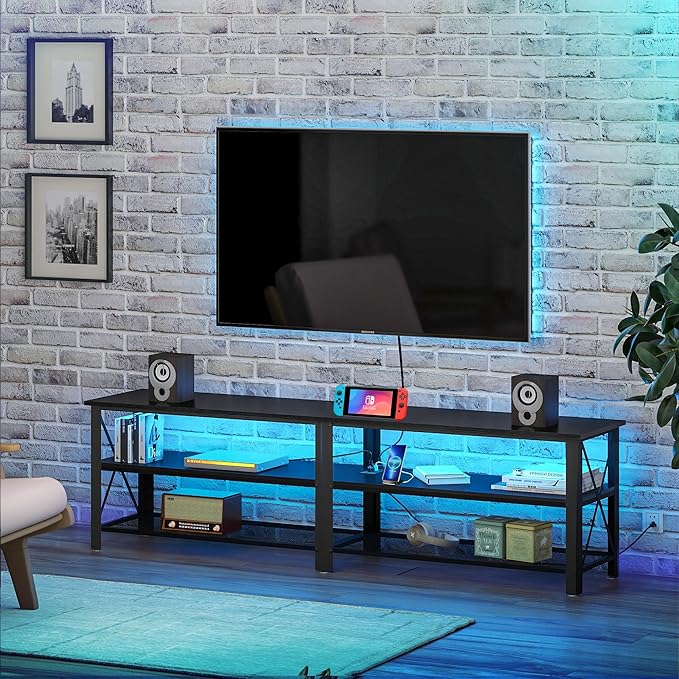 Clikuutory Modern Black 71 inch Metal TV Stand with LED Lights and Power Outlets for 50 60 65 70 75 80 Inch TVs, 3 Tier Television Stands with Entertainment Center and Storage for Living Room, Bedroom - LeafyLoom
