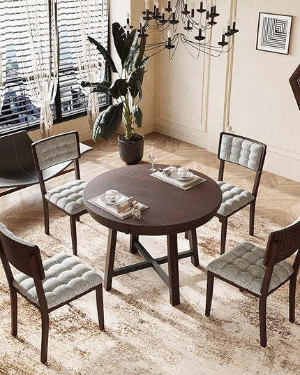 Rustic 42inch Round Dining Table Set for 4-Espresso Finish, 5 Piece with Upholstered Chairs - LeafyLoom