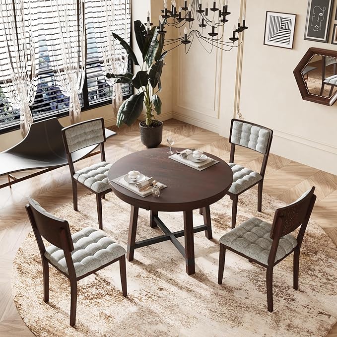 Rustic 42inch Round Dining Table Set for 4-Espresso Finish, 5 Piece with Upholstered Chairs - LeafyLoom