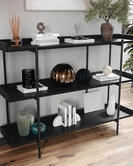 Martha Stewart Emmett 3 Shelf Bookcase with Vertical Metal Frame, Home Office Storage Display Unit, 35"H, Black Wood Grain/Oil Rubbed Bronze - LeafyLoom