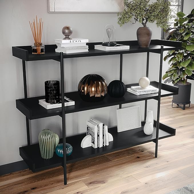 Martha Stewart Emmett 3 Shelf Bookcase with Vertical Metal Frame, Home Office Storage Display Unit, 35"H, Black Wood Grain/Oil Rubbed Bronze - LeafyLoom