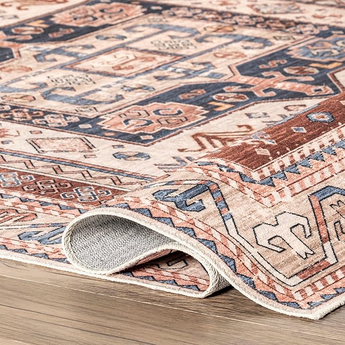 nuLOOM Órla Tribal Bordered Machine Washable Ultra Thin Area Rug, 4' x 6', Rust - LeafyLoom
