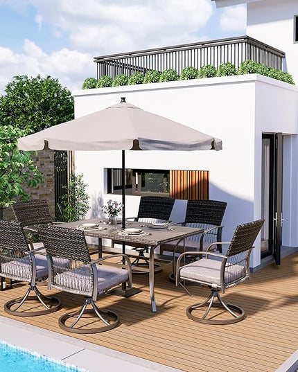 Pamapic 7 Piece Patio Dining Set for 6,Outdoor Wicker Furniture Set for Backyard Garden Deck Poolside with 6 Cushions Swivel Rocker Chairs,Iron Slats Table Top, Removable Cushions(Gray) - LeafyLoom