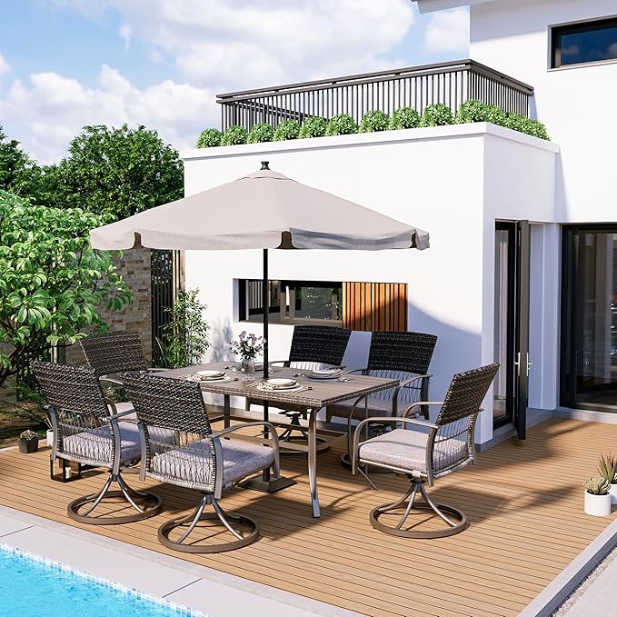 Pamapic 7 Piece Patio Dining Set for 6,Outdoor Wicker Furniture Set for Backyard Garden Deck Poolside with 6 Cushions Swivel Rocker Chairs,Iron Slats Table Top, Removable Cushions(Gray) - LeafyLoom