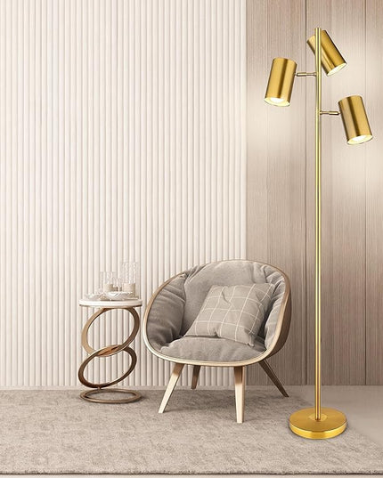 Tree Floor Lamp with 3 Light Bulbs,Gold Standing Tall Pole Lamp with 3 Adjustable Rotating Lights,Farmhouse Floor Lamp for Living Room Bedroom Office,Vintage Standing Lamp 9W E26 LED Bulbs Included - LeafyLoom