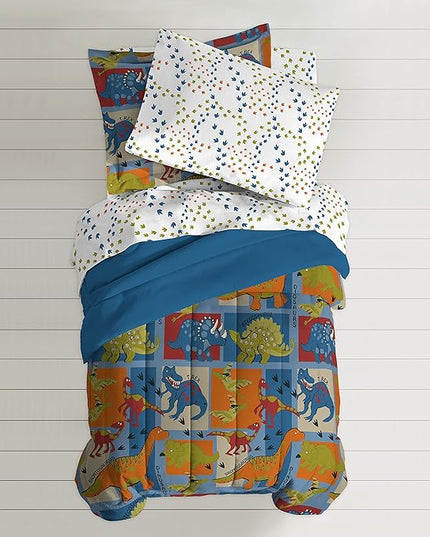 Dream Factory Dinosaur Blocks Ultra Soft Microfiber Boys Comforter Set, Blue, Twin - LeafyLoom