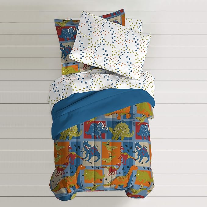 Dream Factory Dinosaur Blocks Ultra Soft Microfiber Boys Comforter Set, Blue, Twin - LeafyLoom