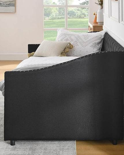 Twin Size Mid-Century Daybed, 2 Storage Drawers,Linen Button Upholstered Tufted Bed, Copper Nail on Waved Shape Arms, No Box Spring Needed, for Bedroom, Livingroom, Black - LeafyLoom
