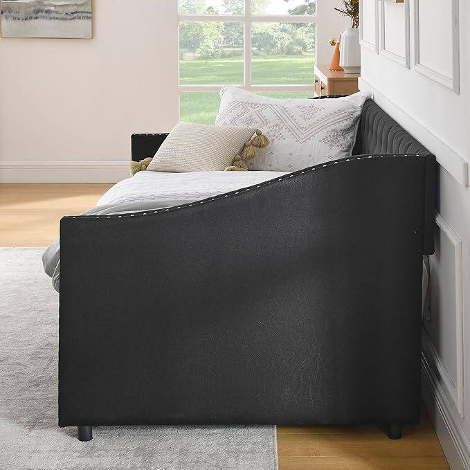 Twin Size Mid-Century Daybed, 2 Storage Drawers,Linen Button Upholstered Tufted Bed, Copper Nail on Waved Shape Arms, No Box Spring Needed, for Bedroom, Livingroom, Black - LeafyLoom