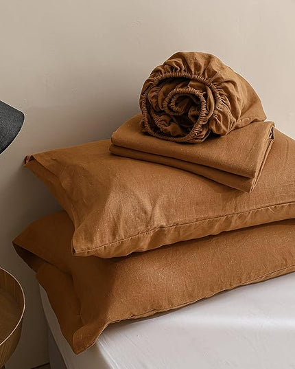 Simple&Opulence 100% Linen Sheet Set Solid Color-4 Pc Washed French Linen Bed Sheets Breathable Bedding Set-1 Flat Sheet,1 Fitted Sheet,2 Pillowcases (Full, Basic Rust) - LeafyLoom
