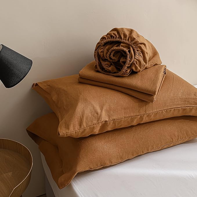Simple&Opulence 100% Linen Sheet Set Solid Color-4 Pc Washed French Linen Bed Sheets Breathable Bedding Set-1 Flat Sheet,1 Fitted Sheet,2 Pillowcases (Full, Basic Rust) - LeafyLoom