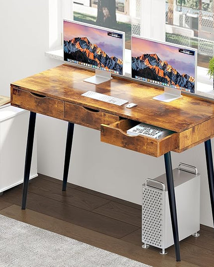 sogesfurniture Mid Century Writing Computer Desk with 3 Drawers, Makeup Vanity Table, 43.3'' Writing Study Desk for Home Office, Dressing Table, Rustic Brown - LeafyLoom