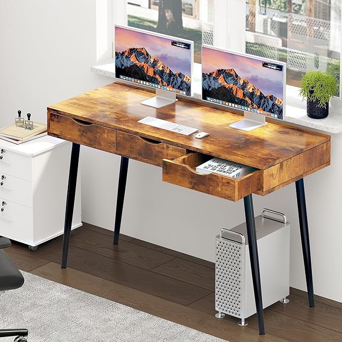 sogesfurniture Mid Century Writing Computer Desk with 3 Drawers, Makeup Vanity Table, 43.3'' Writing Study Desk for Home Office, Dressing Table, Rustic Brown - LeafyLoom