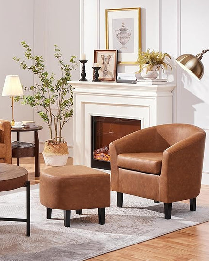 Yaheetech Accent Chair with Ottoman Footstool, PU Leather Modern Upholstered Soft Barrel Chair, Comfy Club Armchair and Footrest Set for Living Room/Bedroom/Reading Room/Guestroom, Brown - LeafyLoom