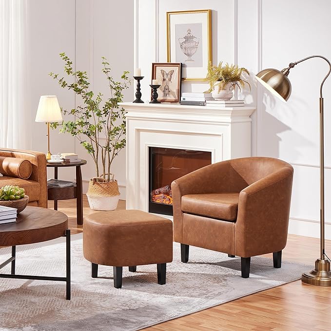 Yaheetech Accent Chair with Ottoman Footstool, PU Leather Modern Upholstered Soft Barrel Chair, Comfy Club Armchair and Footrest Set for Living Room/Bedroom/Reading Room/Guestroom, Brown - LeafyLoom